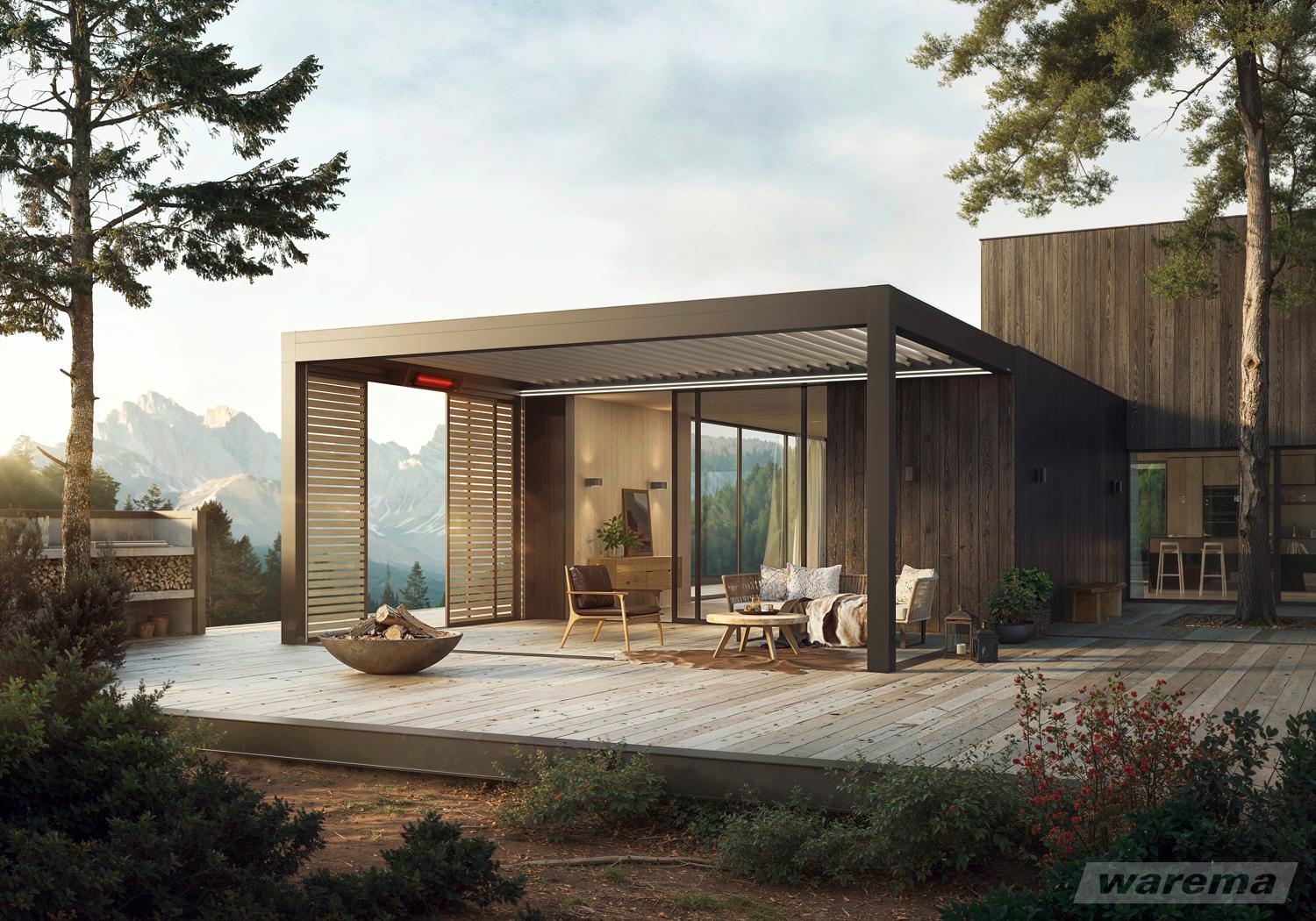 Modernes Lamellendach auf Holzterrasse mit Bergpanorama – elegante Outdoor-Lösung von Rankl Sonnenschutz