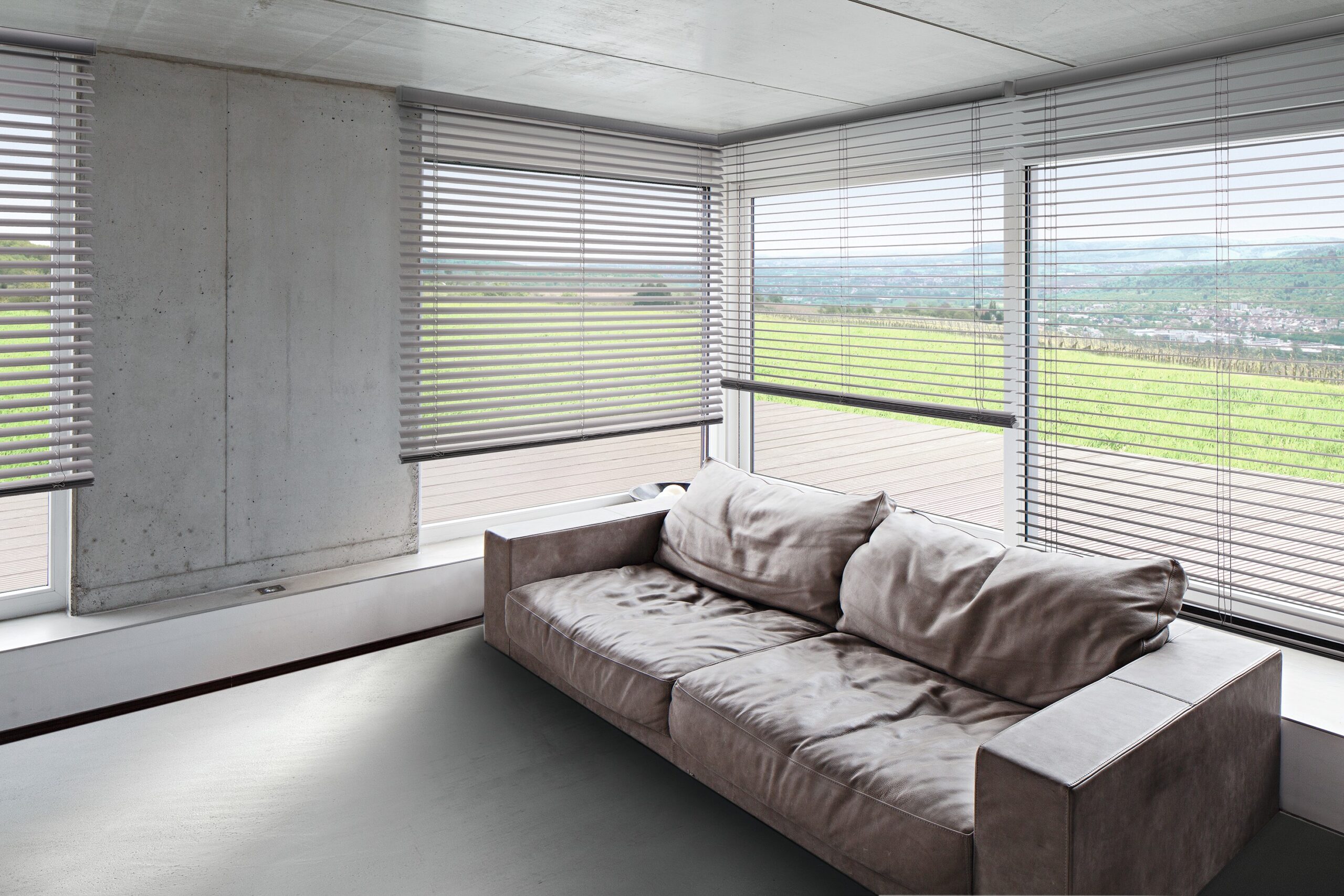 Moderne Innenjalousien an bodentiefen Fenstern mit Panoramablick – stilvoller Sicht- und Sonnenschutz von Rankl